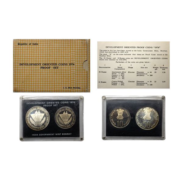 1974, Planned Families, Food For All, Proof set of 2 coins, 50 rupees and 10 rupees, Bombay mint, RB