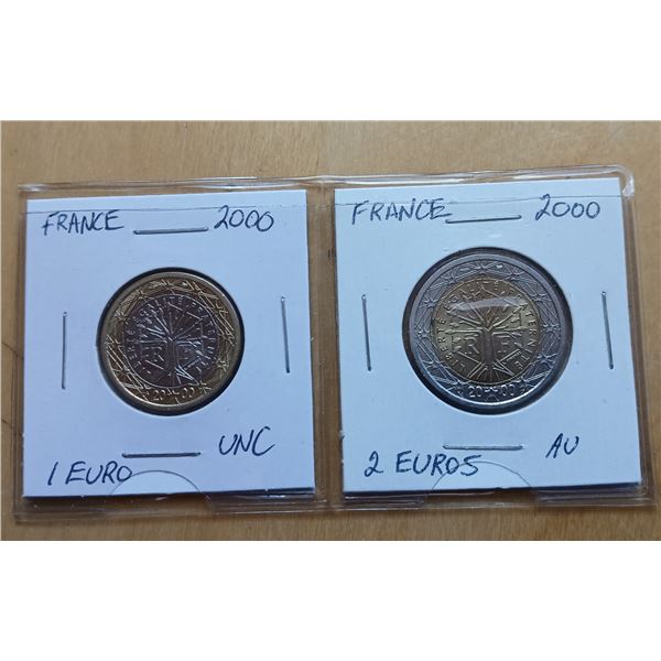 France 1 and 2 Euro Coins