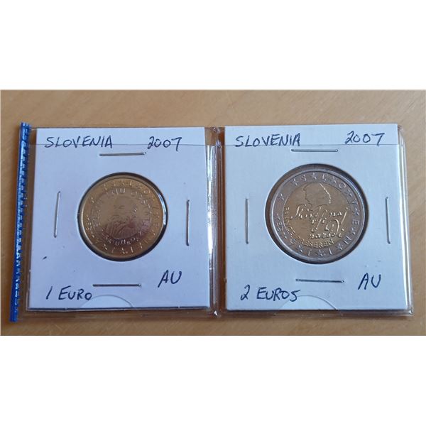 Slovenia 1 and 2 Euro Coins