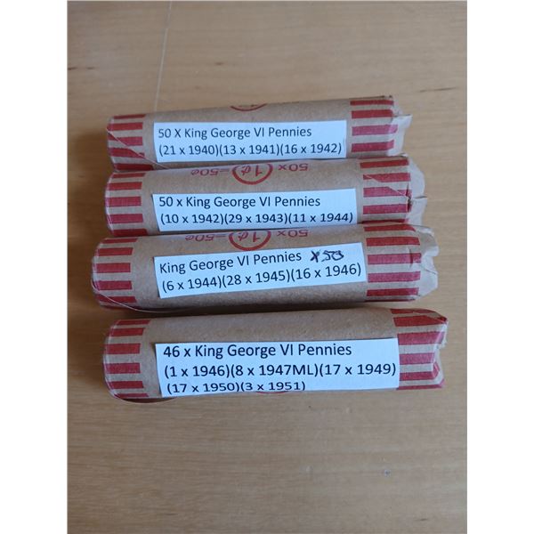 4 x King George VI Pennies (Searcher Rolls 1940's)