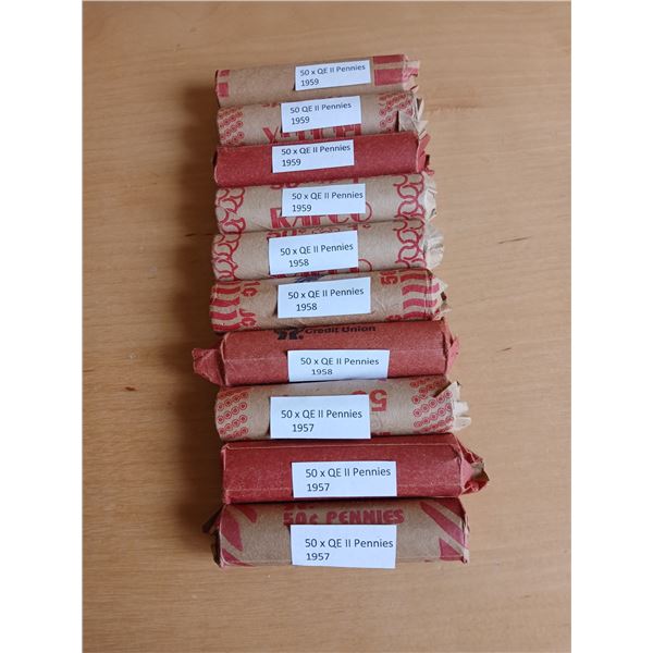 10 x QE II Pennies (Searcher Rolls 1950's)