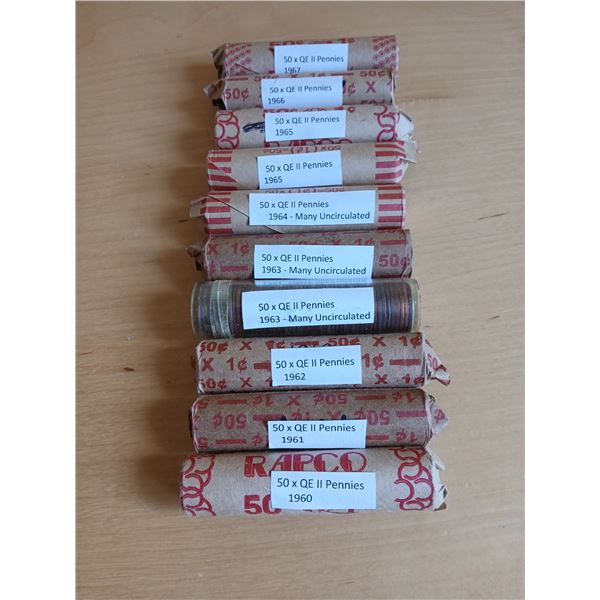10 x QE II Pennies (Searcher Rolls 1960's)
