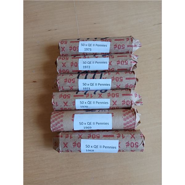 6 x QE II Pennies (Searcher Rolls 60's and 70's)