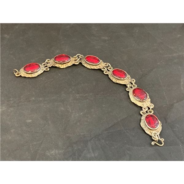 Vintage Renaissance Revival Bracelet - Red Stones / Brass