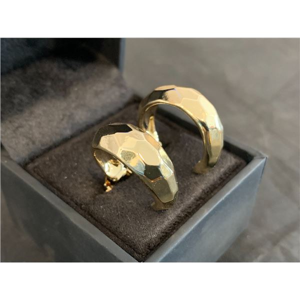 Textured Metal Clip On Ear Rings - Gold Colored Hoops