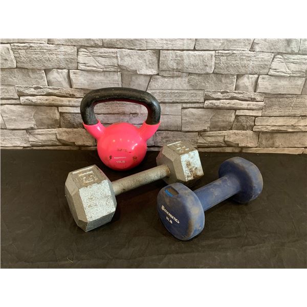 Lot of 3 Weights - 1 x 15LB Dumbbell 1x 8LB Free Weight - 1 x 15LBS Cast Iron Free Weight