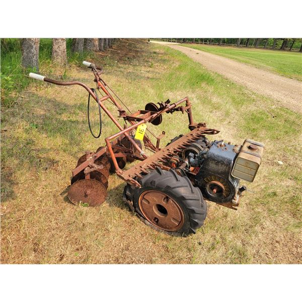 Antique gas powered walk behind c/w implements