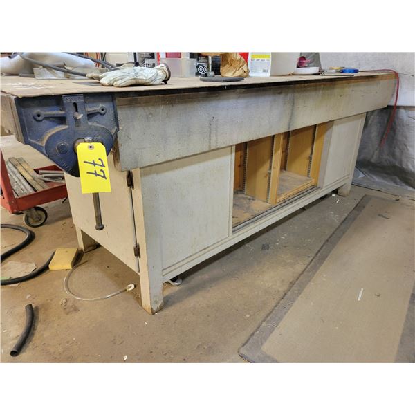 30in. x 96in. work bench with compartments c/w 2 wood work vises built in, extention on 1 side
