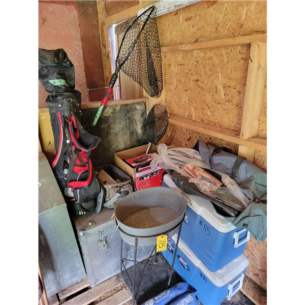 Qty of camping gear: 2 collers, camp cot, misc. camp cooking, golf clubs