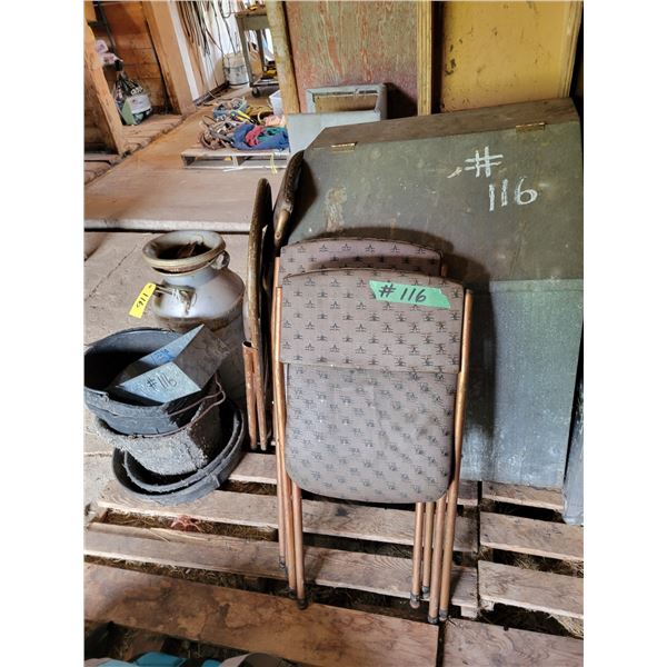 Feed bin (metal), folding chairs, milk can