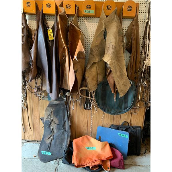 Qty of chaps, chinks, batwing, bridle rack