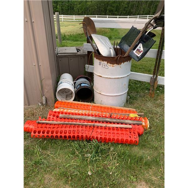 Metal container s/w shovels & misc., snowfence, pails