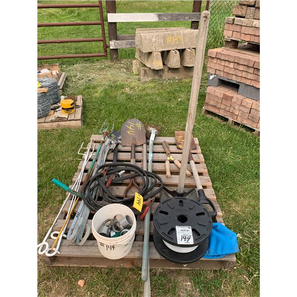 Rope, shovels, chainlink fence parts, rakes