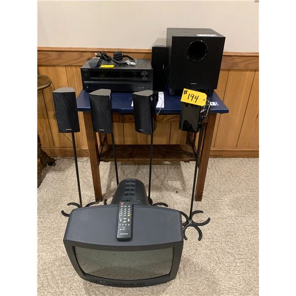 Table, TV, Remotes, Speakers, Receiver for complete surround sound