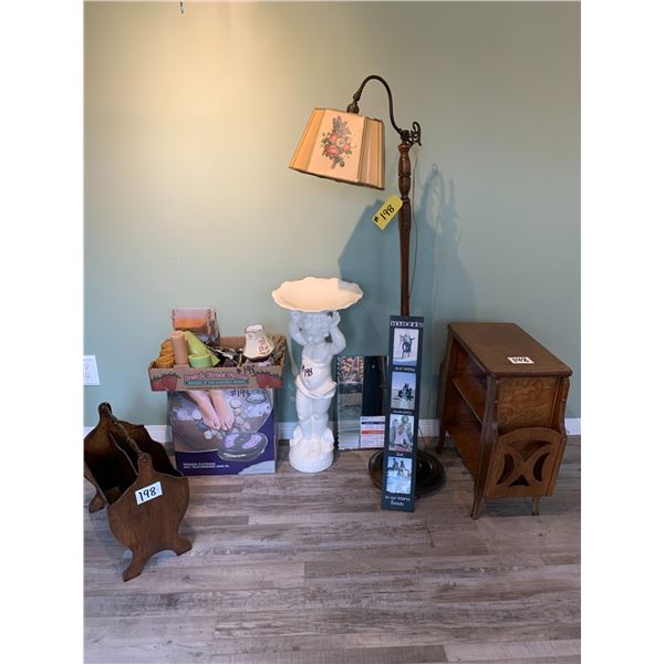 2 End Tables, Lamp, Picture frame, mirror, Ceramic Cherub bird bath (top needs glueing), box of cand