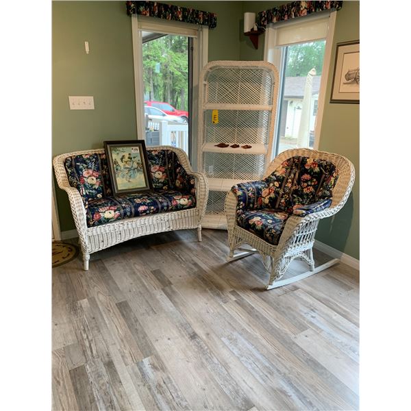 Wicker Loveseat, Wicker Chair & Wicker Shelf, Picture & 3 wooden turtles on shelf