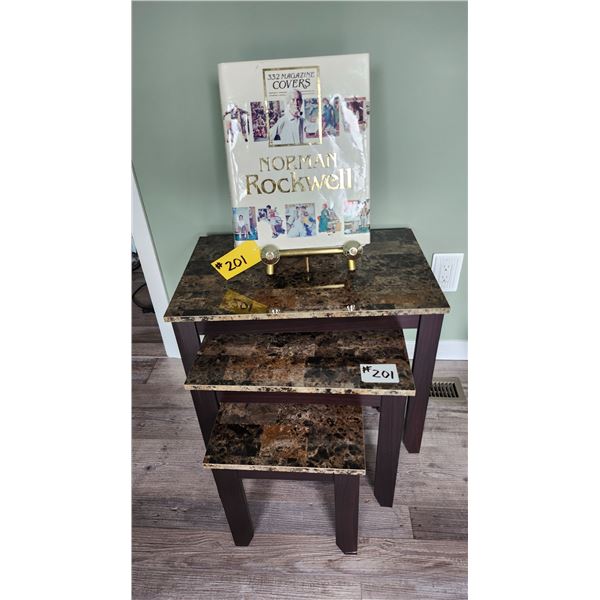 Norman Rockwell collectors Book & Stand, 3 Stacking Tables