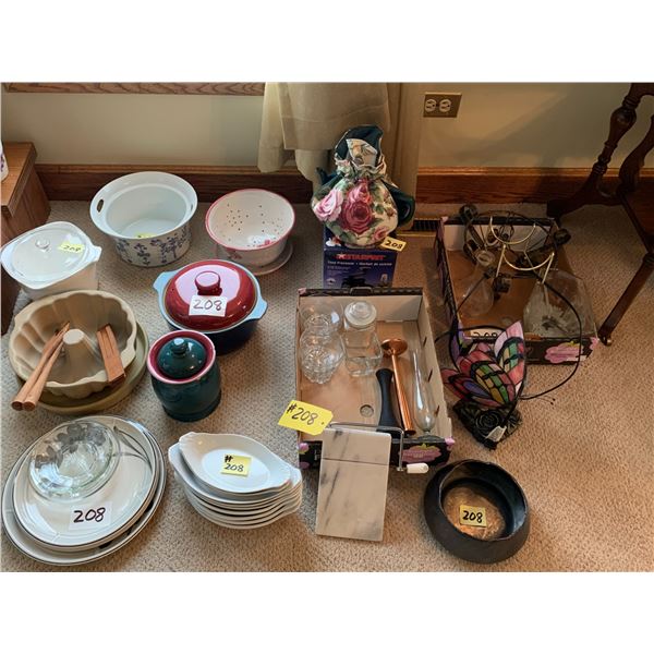 Misc. cookware, platters, tulip vase, butterfly lamp, teapot and cover, starfit spinner