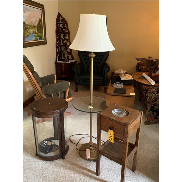 Black Oak Smoker Table & a Jewelers Display Cabinet and standing lamp.