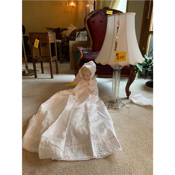 Ceramic Collector Doll (pre-war) handmade dress on doll & antique Cornflower Lamp