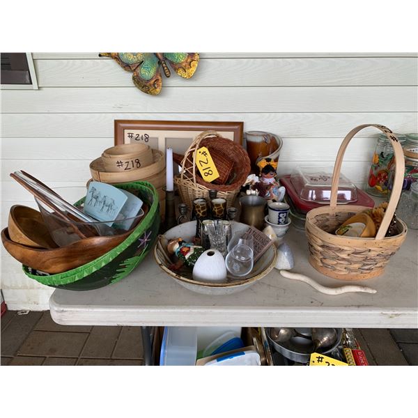 Qty of Wicker baskets, wooden salad bowl, mesh covers for food outdoors, bamboo steamers, misc pryne