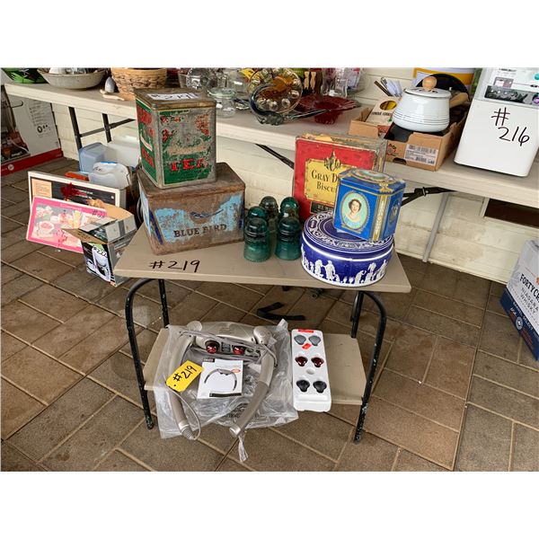 Table, wrap-around Percussion Massager c/w attachments & antique Tin Cans & telephone insulators