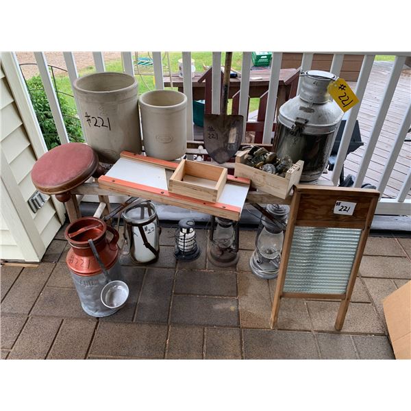 Qty of antiques: bench, washboard, glass doork knobs, shovel, oil lanterns, 2 Medalea Crock Pots
