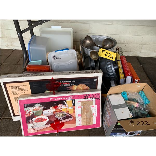 Misc. plastic Tupperware, baking sheets, books, box of Curlers, Hot Electric Tray & a Rival Delux Ho