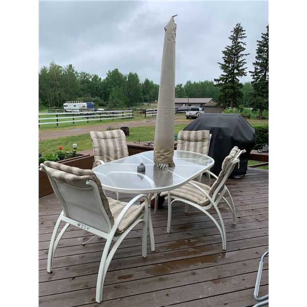 Oval Outdoor Patio Table c/w 4 chairs, Umbrella & cushions for the chairs