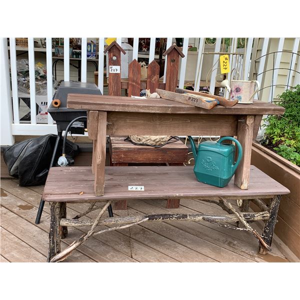 Corner Metal Plant Stand, BroilKing (Porta-Chef) barbecue with cover, 2 wood benches, 1 ornamental e