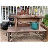 Image 1 : Corner Metal Plant Stand, BroilKing (Porta-Chef) barbecue with cover, 2 wood benches, 1 ornamental e