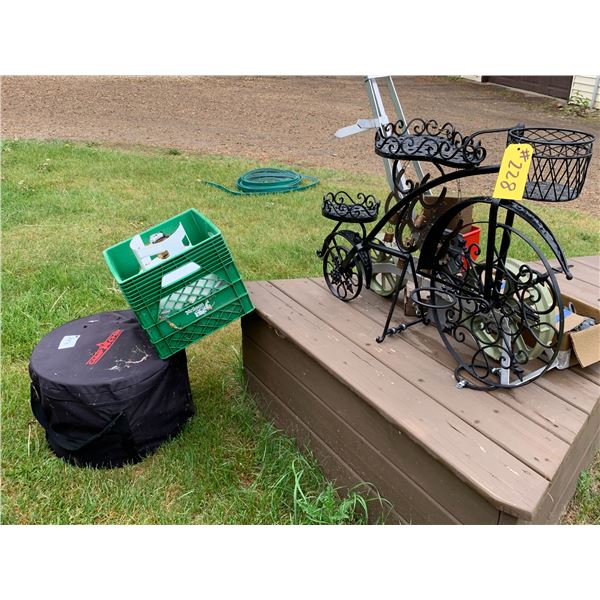 Outdoor fire pit c/w cover and propane tank, black metal decorative tricycle plant stand, Garden see