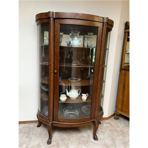 Oak Bow front china cabinet, triple-curved glass, paw feet (contents not included)