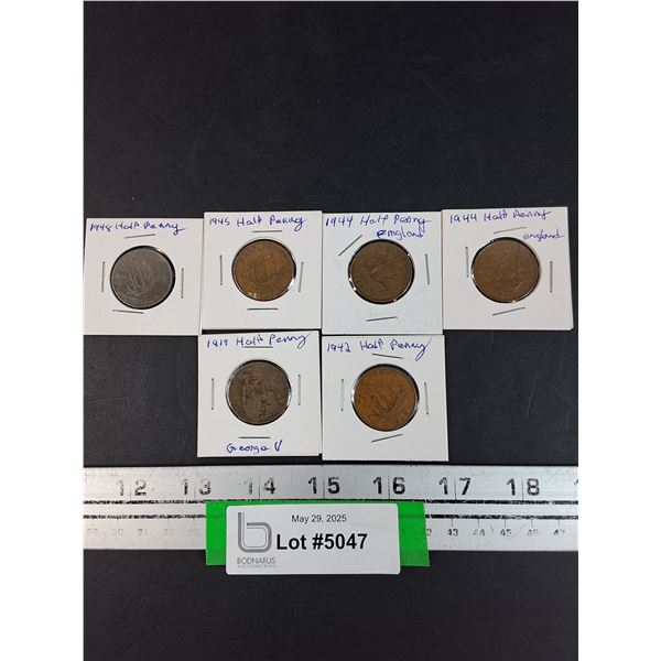 (6) Canadian Half Penny Coins: Various Years