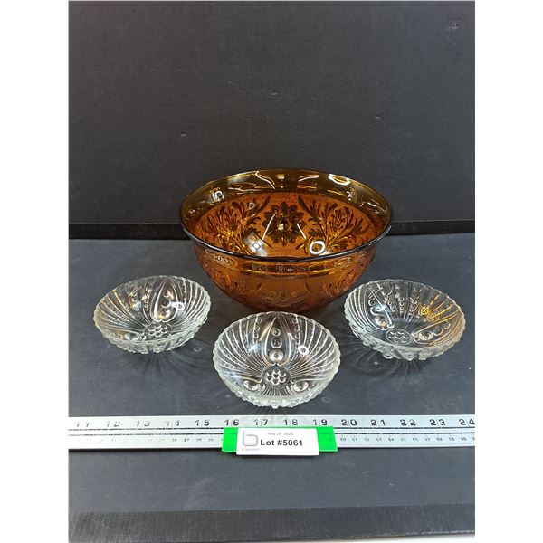 Indiana Amber Glass Serving Salad Bowl & (3) Clear Glass Dessert Bowls