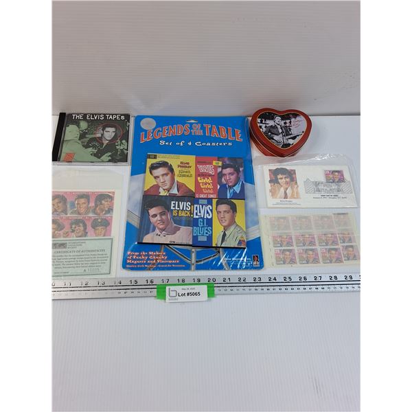Elvis Presley Lot: Coasters, DVD, Stamps, Tin, Misc