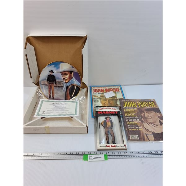 John Wayne Lot: Collectors Plate, Magazines, Magnet