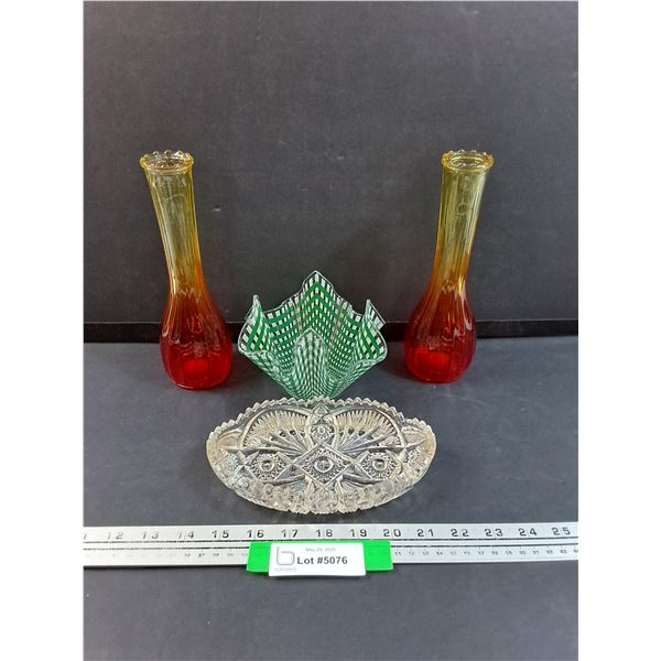 (2) Ombre Vases, Plaid Art Glass Decor Dish, Crystal Candy Dish