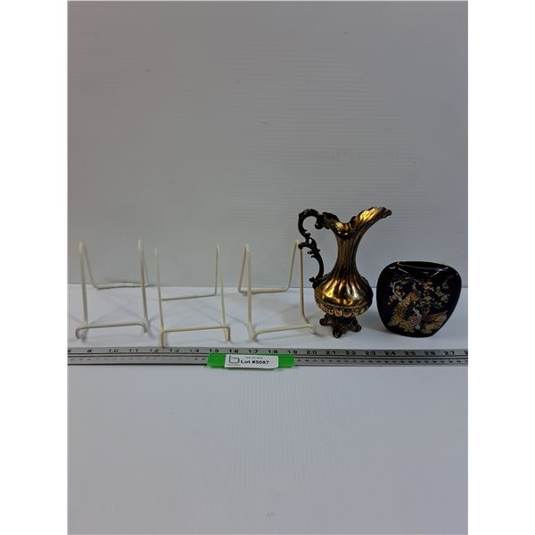 Brass Plated Vase, Asian Themed Vase, (3) Metal Plate Display Holders
