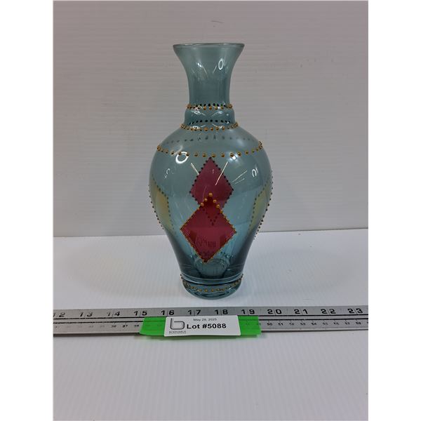 Vintage Blue Art Glass Vase w/Colored Diamond Pattern - 9.5"