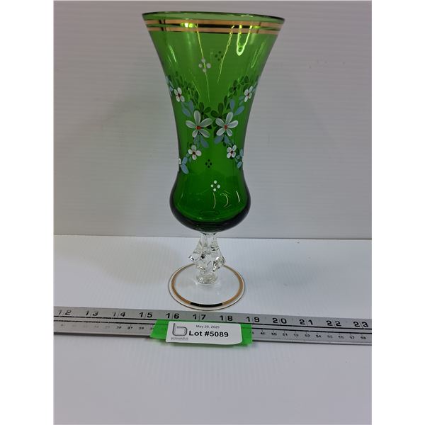 Green Glass Fluted & Footed Vase w/Delicate Handpainted Flowers - 10" Tall