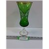 Image 1 : Green Glass Fluted & Footed Vase w/Delicate Handpainted Flowers - 10" Tall