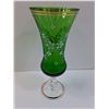 Image 2 : Green Glass Fluted & Footed Vase w/Delicate Handpainted Flowers - 10" Tall
