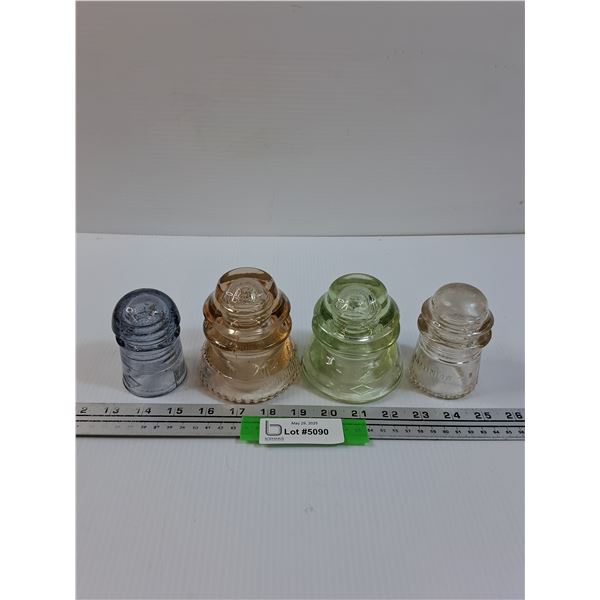 (4) Glass Insulators - Blue, Peach, Green, Clear