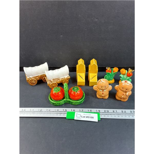 (5) Pairs of Salt & Pepper Shakers: Grain Elevators, Covered Wagon, Gingerbread, Tomatoes, Flowers &