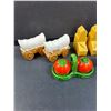 Image 2 : (5) Pairs of Salt & Pepper Shakers: Grain Elevators, Covered Wagon, Gingerbread, Tomatoes, Flowers &