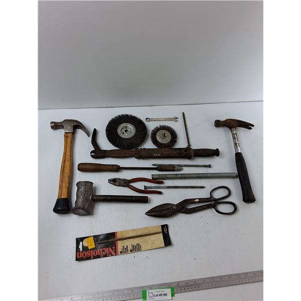 Assorted Tools - Hammers, Pliers, Wire Brushes