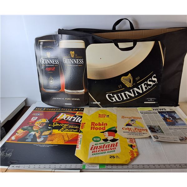 Fabric Carrying Bag 38" x 23", Guinness & Brett Favre Cutouts, Flour Bags, '25 Indian Head Newspaper