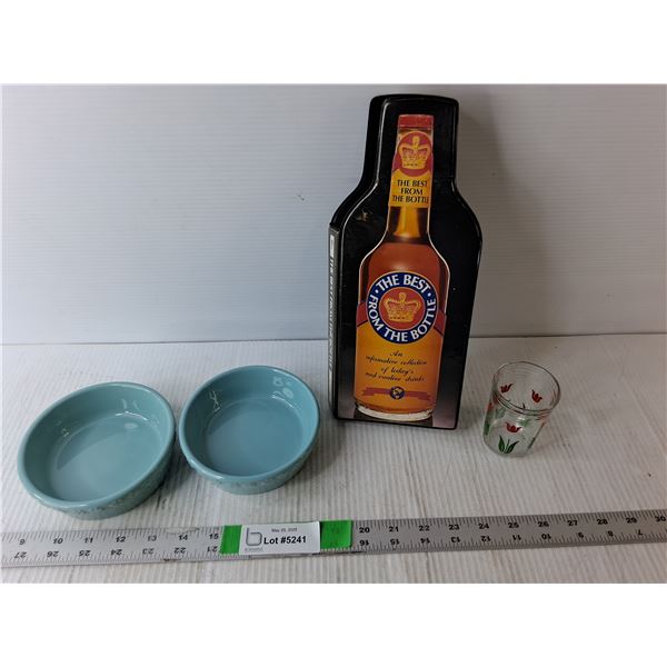 (2) Stoneware Pet Bowls, Drink Recipe Book, Flowered Glass