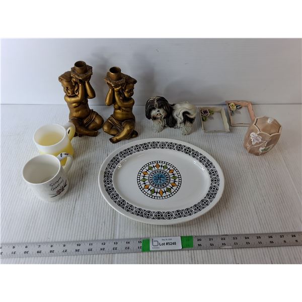 (2) Cherub Candleholders, Porcelain Dog Figurine, Ironstone Plate, Misc.